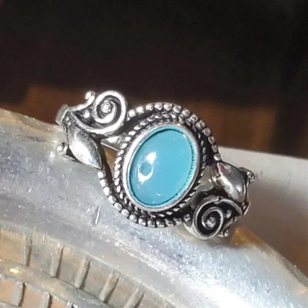 Artisan India Blue Agate 925 Sterling Silver Plated Gemstone Ring Size 7.5